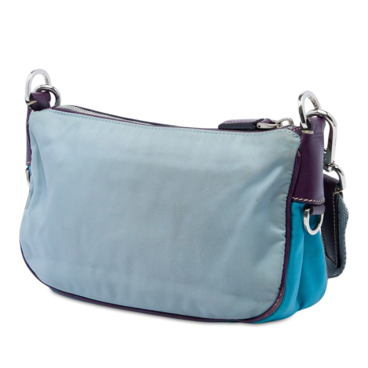 Prada Saffiano Trimmed Tessuto Front Pocket Zip Top Shoulder Bag — Blue