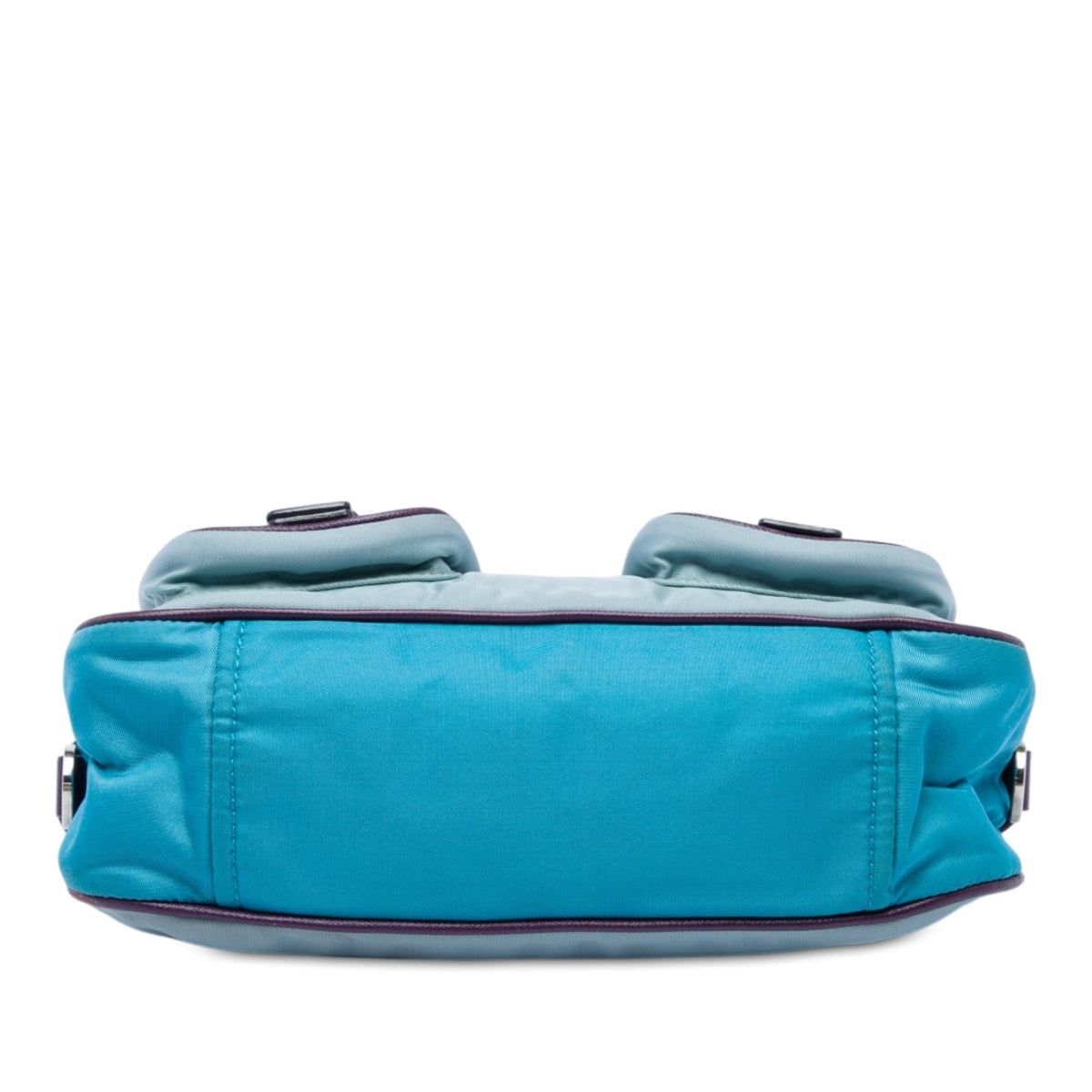 Prada Saffiano Trimmed Tessuto Front Pocket Zip Top Shoulder Bag — Blue
