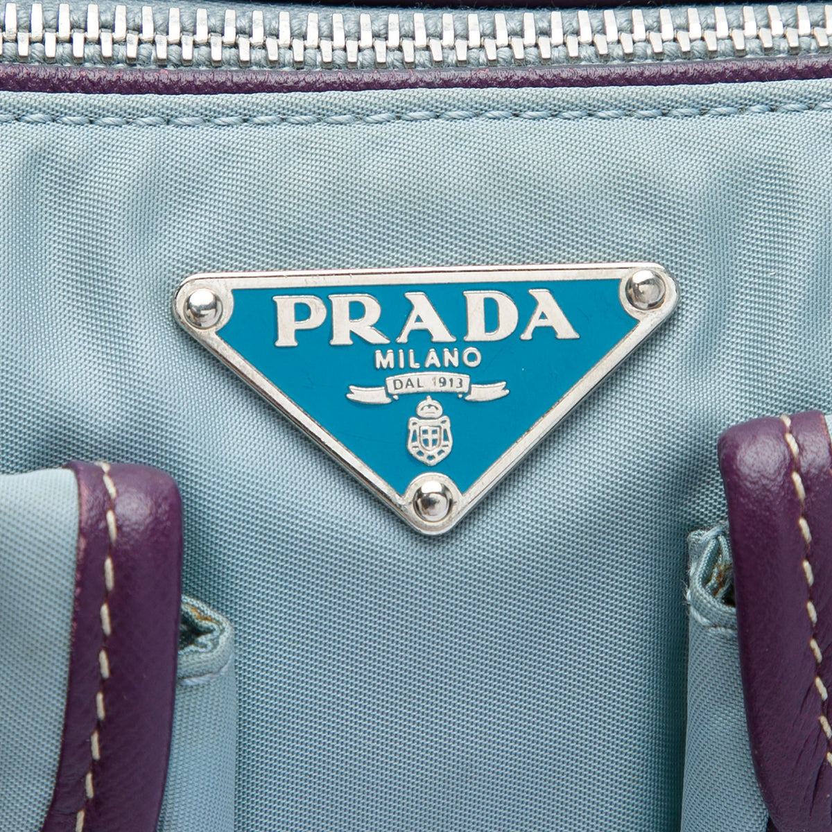 Prada Saffiano Trimmed Tessuto Front Pocket Zip Top Shoulder Bag — Blue