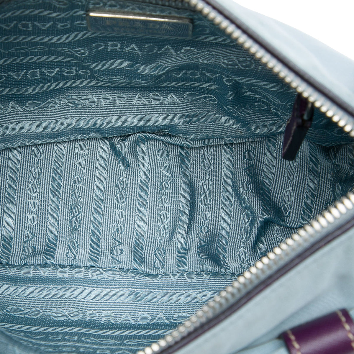 Prada Saffiano Trimmed Tessuto Front Pocket Zip Top Shoulder Bag — Blue