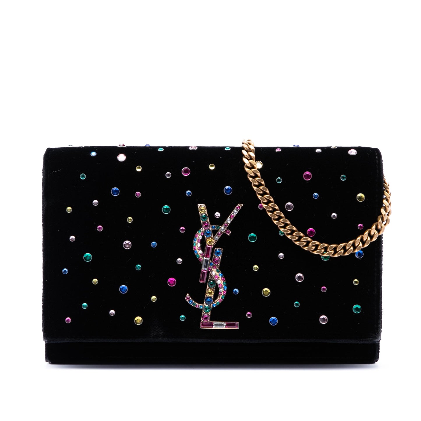 Saint Laurent Crystal Embellished Velvet Monogram Kate Wallet On Chain