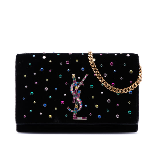 Saint Laurent Crystal Embellished Velvet Monogram Kate Wallet On Chain
