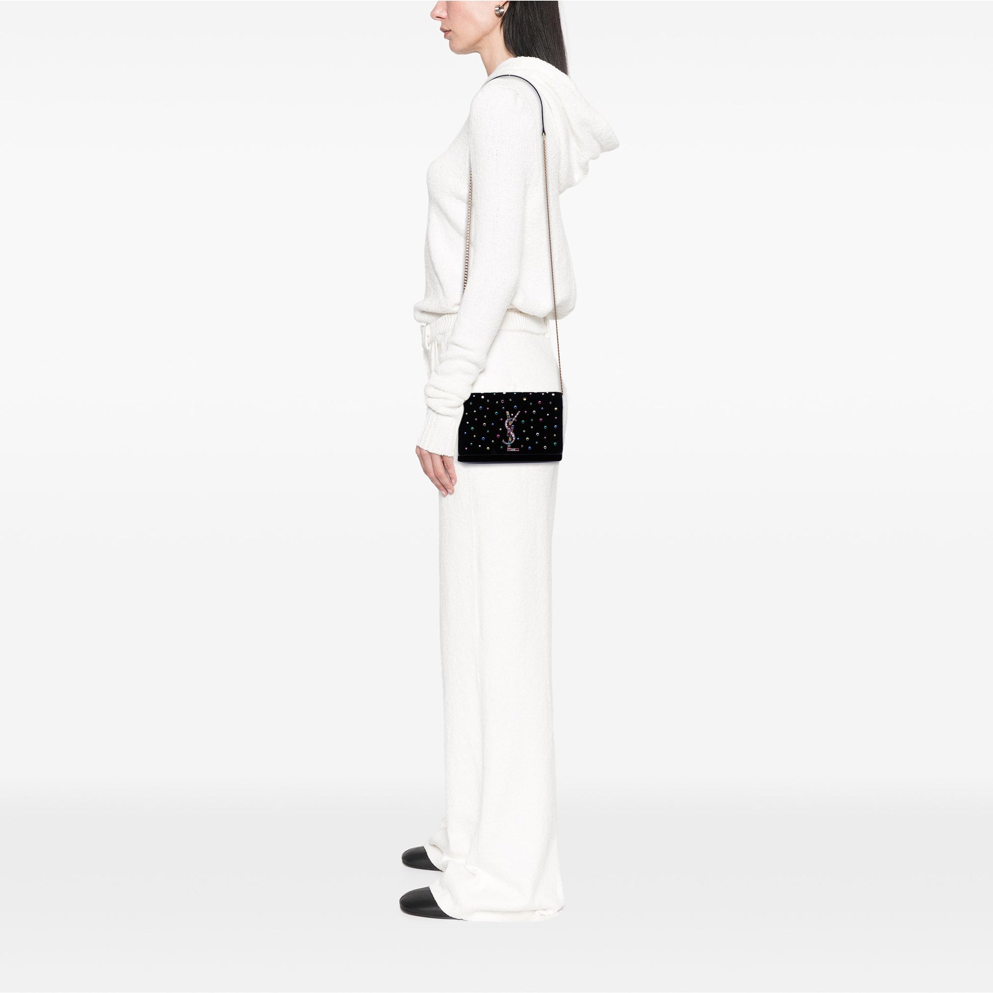 Saint Laurent Crystal Embellished Velvet Monogram Kate Wallet On Chain