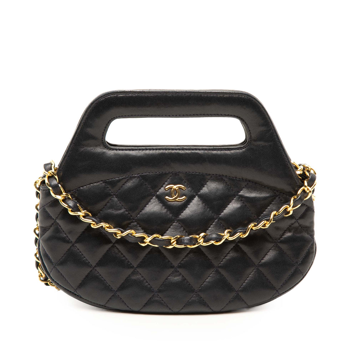 Chanel CC Quilted Lambskin Top Handle Round Frame Bag — Black