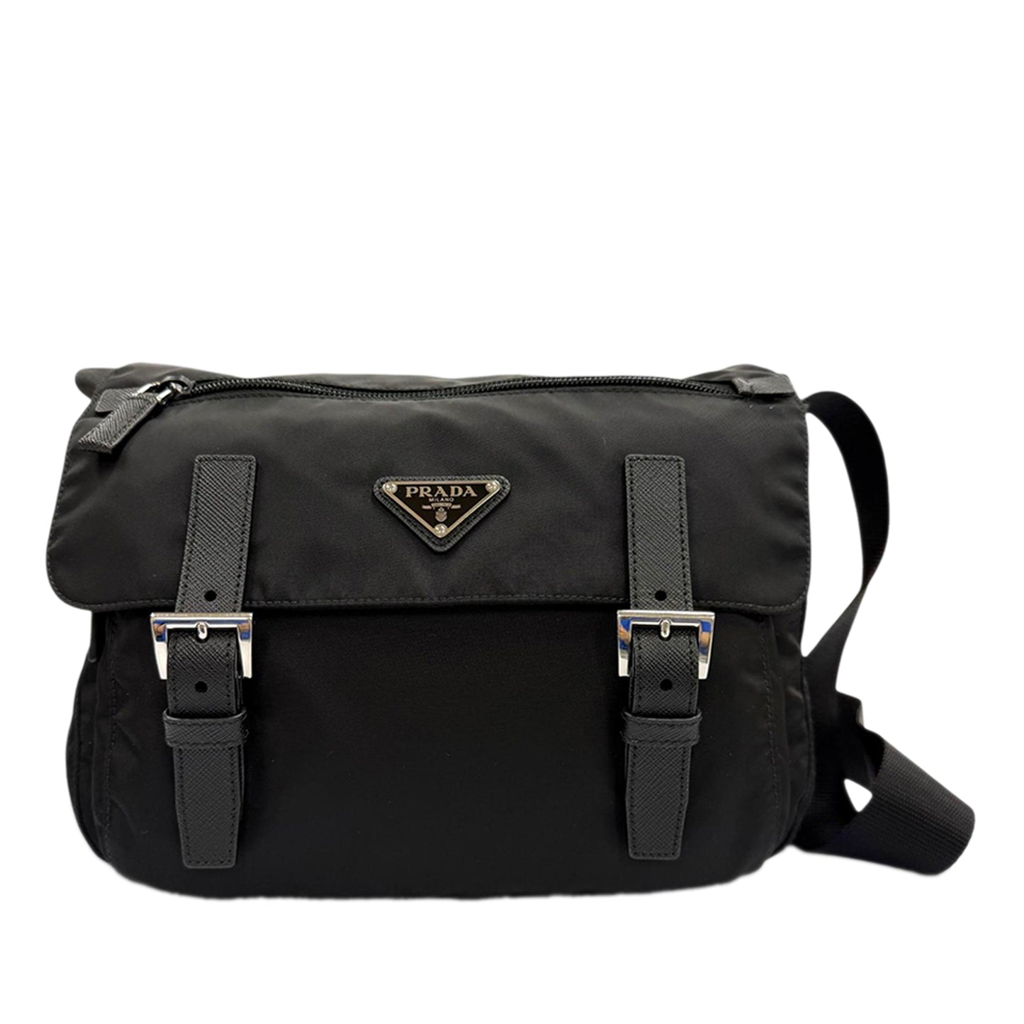 Prada Saffiano Trimmed Tessuto Zip Double Buckle Messenger Bag
