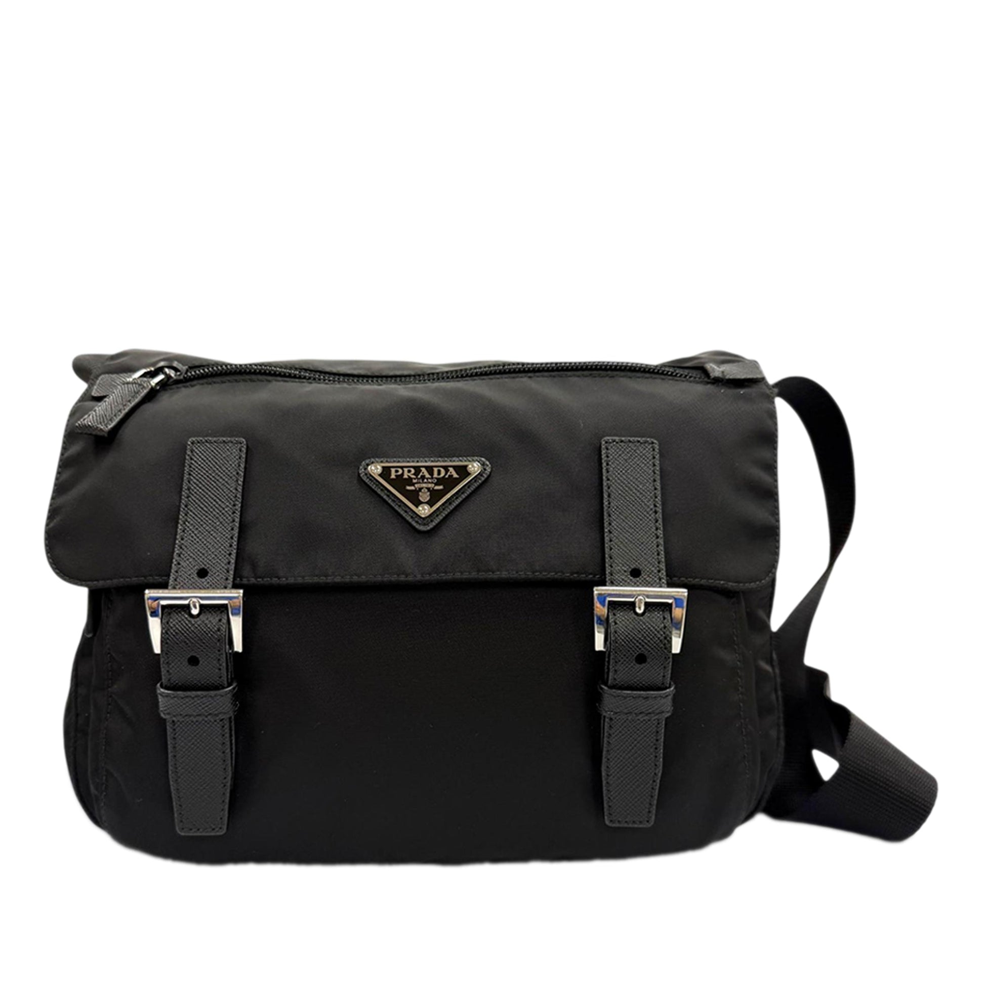 Prada Saffiano Trimmed Tessuto Zip Double Buckle Messenger Bag