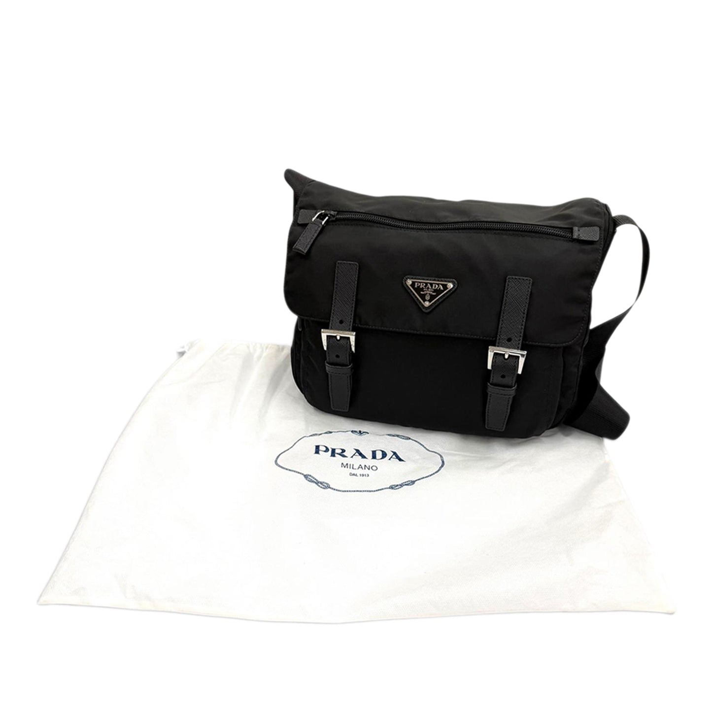 Prada Saffiano Trimmed Tessuto Zip Double Buckle Messenger Bag