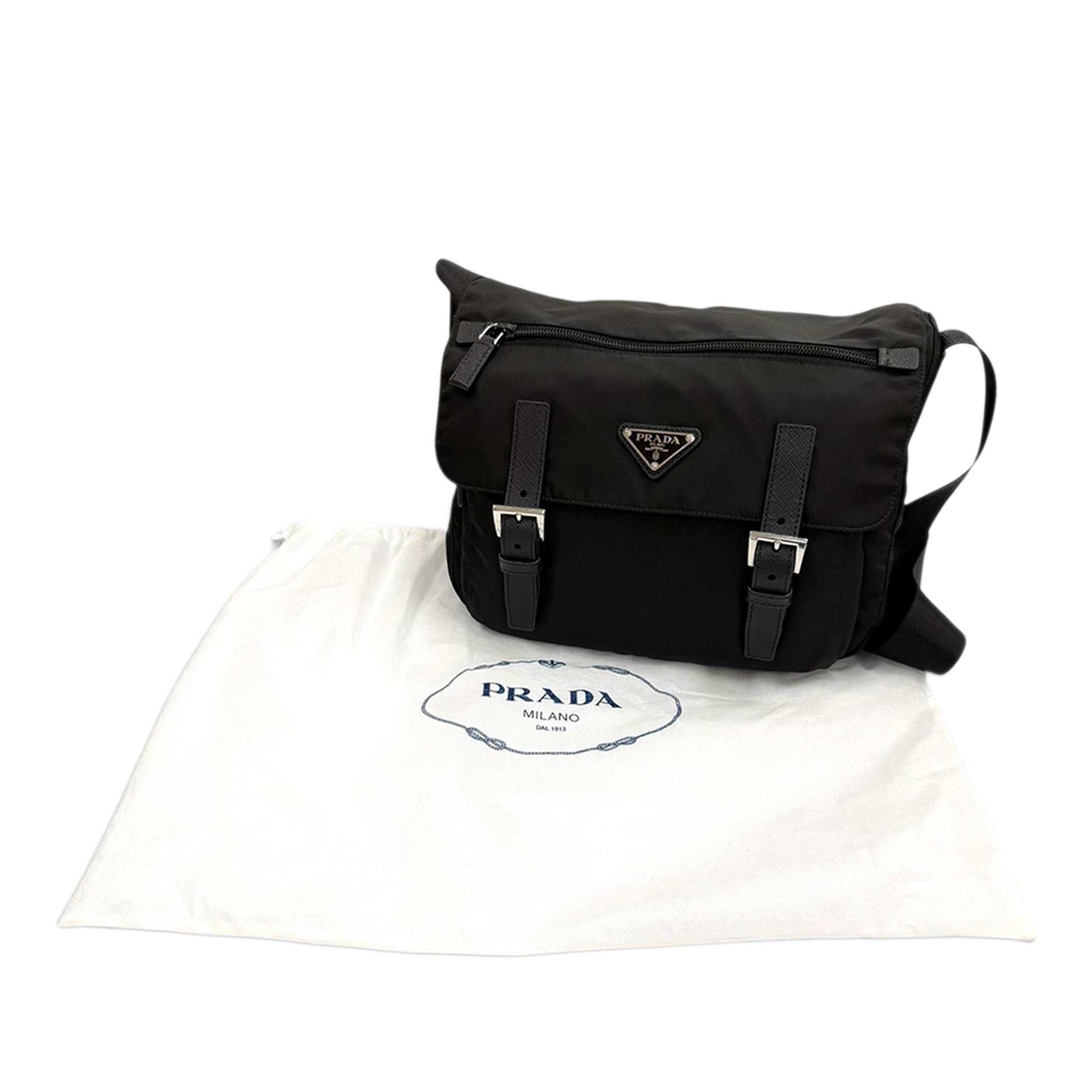 Prada Saffiano Trimmed Tessuto Zip Double Buckle Messenger Bag