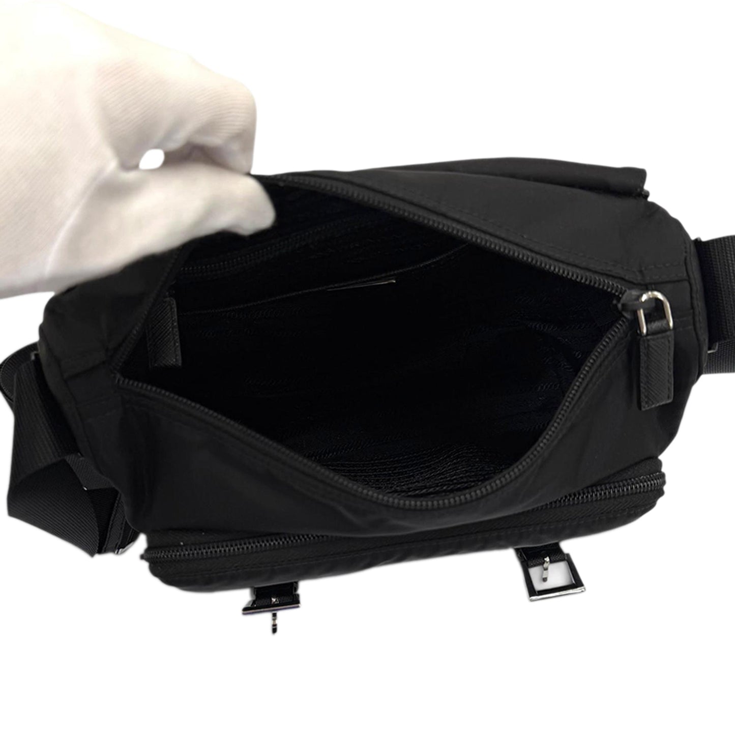 Prada Saffiano Trimmed Tessuto Zip Double Buckle Messenger Bag