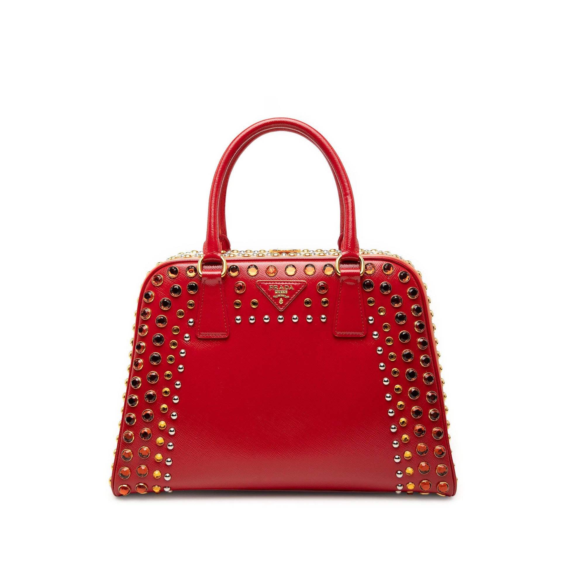 Prada Saffiano Vernice Pyramid Studded Frame Bag