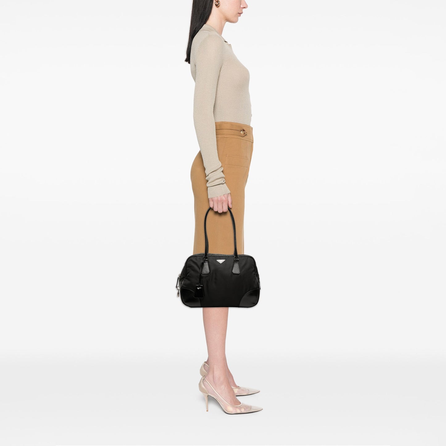 Prada Soft Calf Trimmed Tessuto Bauletto Bag