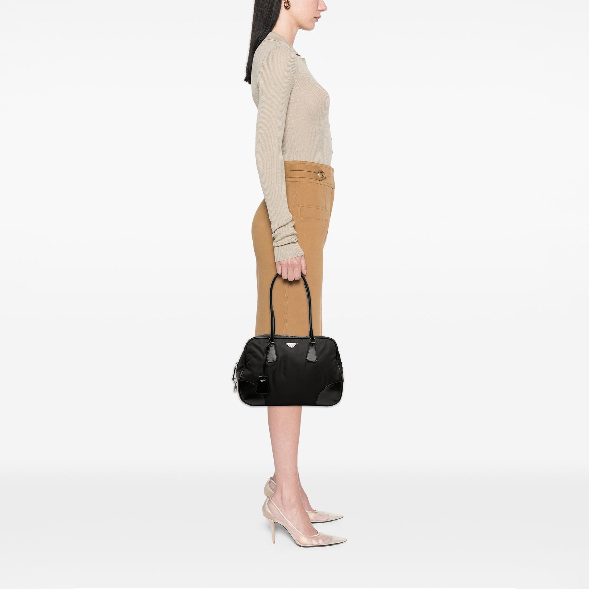 Prada Soft Calf Trimmed Tessuto Bauletto Bag