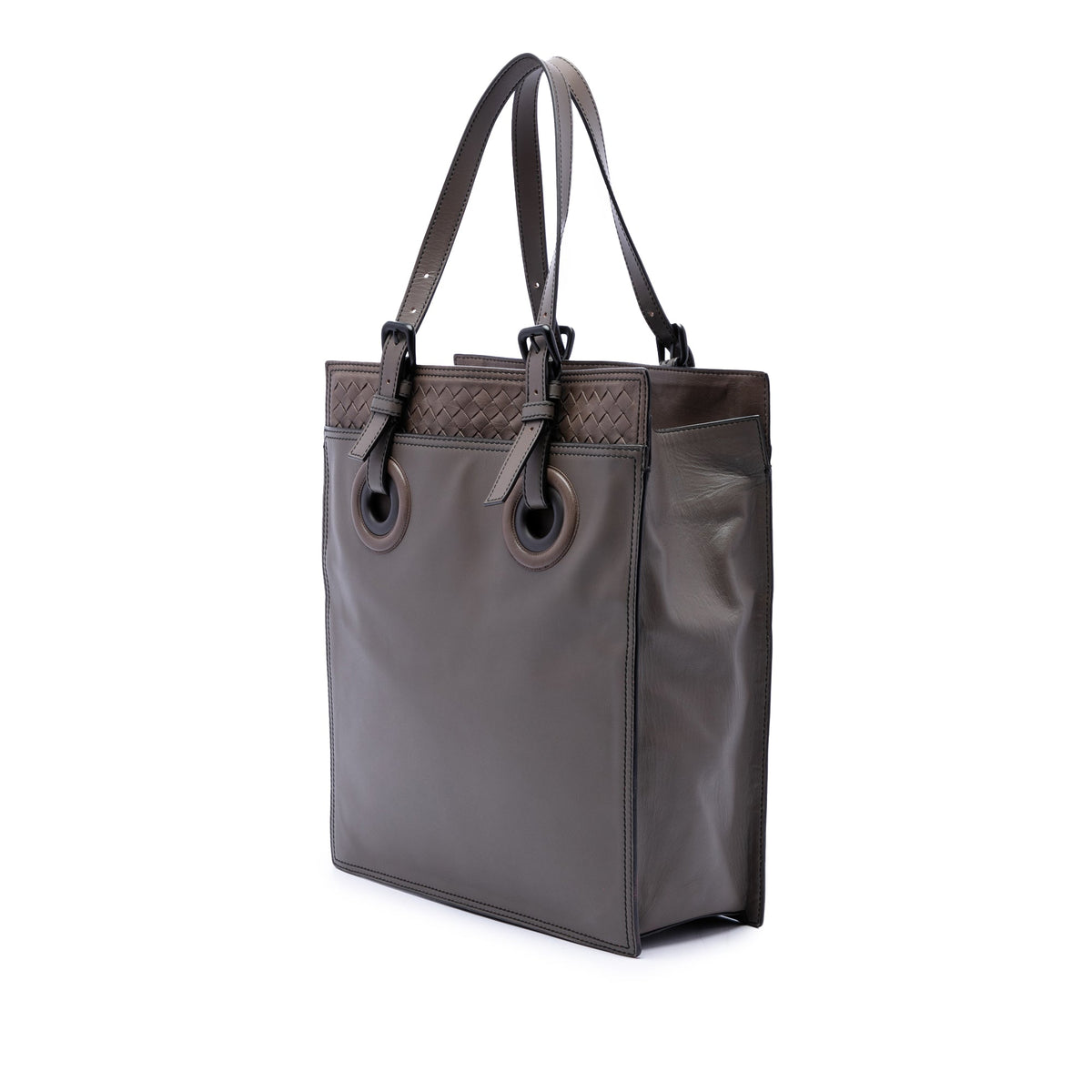 Bottega Veneta Intrecciato Trimmed Leather Oculus Tote — Brown