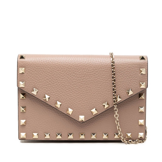 Valentino Pebbled Calfskin Rockstud Envelope Wallet on Chain