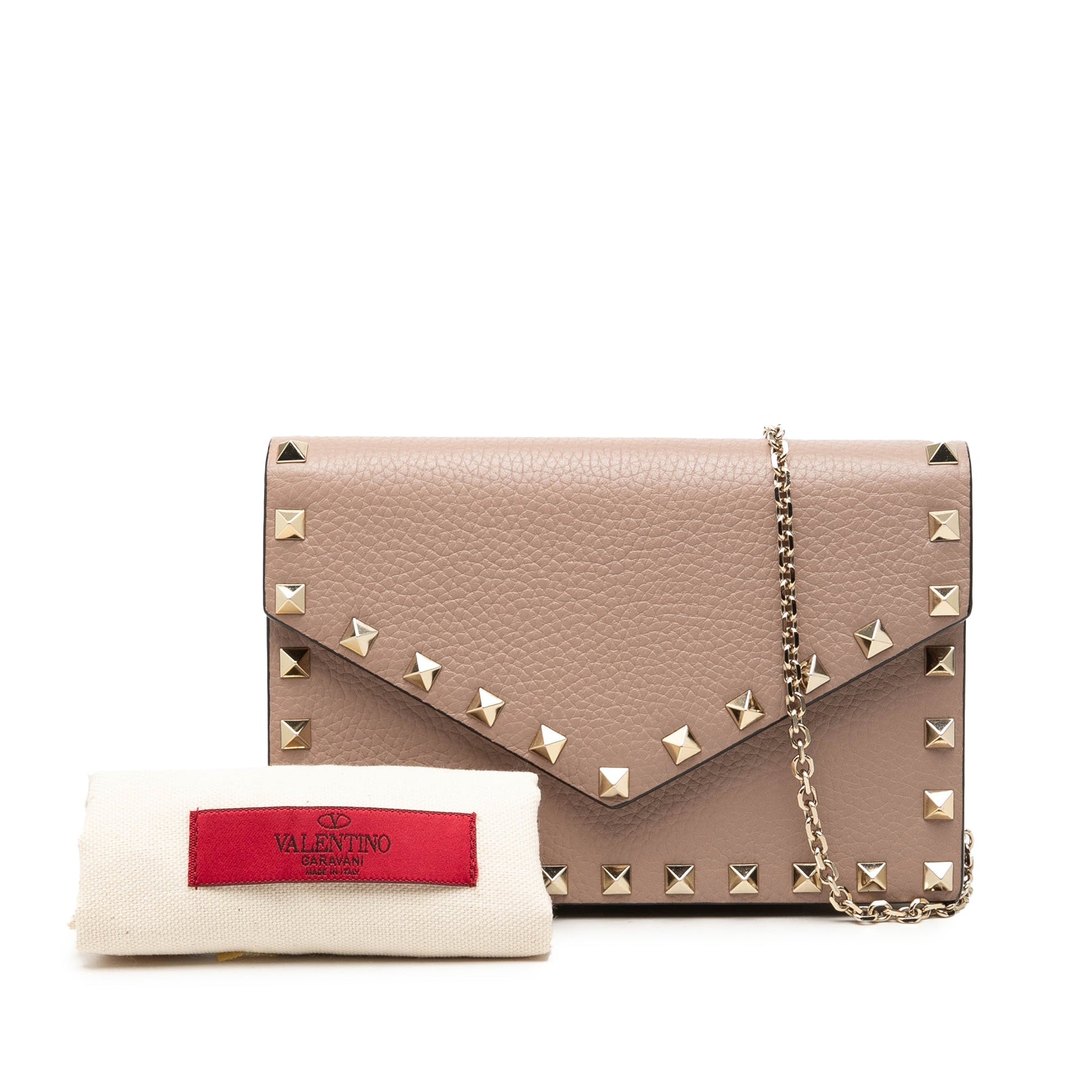 Valentino Pebbled Calfskin Rockstud Envelope Wallet on Chain