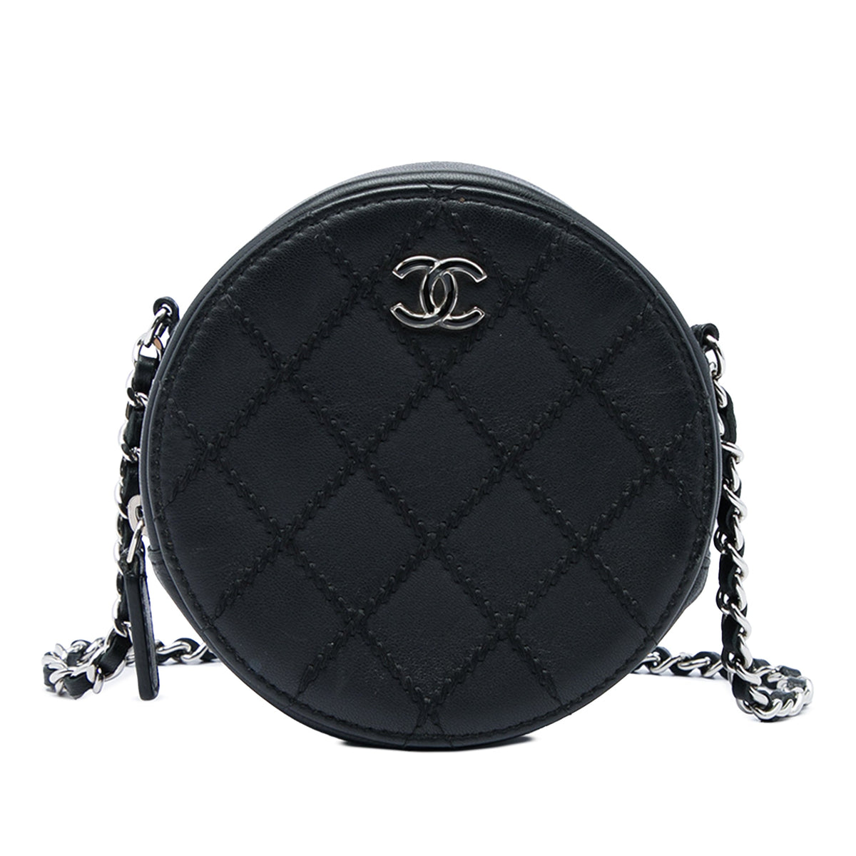 Chanel Quilted Lambskin Ultimate Stitch Round Clutch with Chain — Black