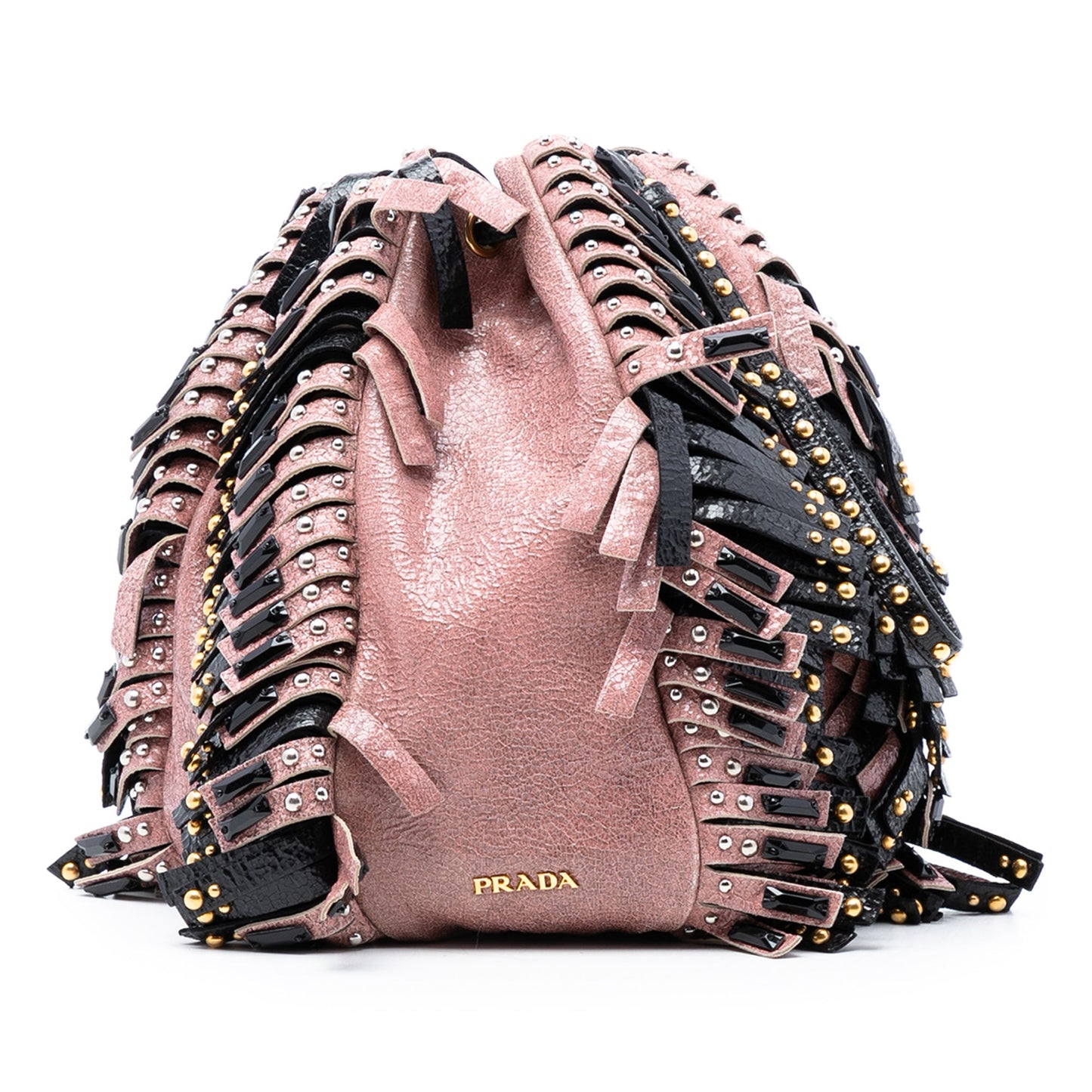 Prada Craquele Leather Embellished Fringe Bucket Bag