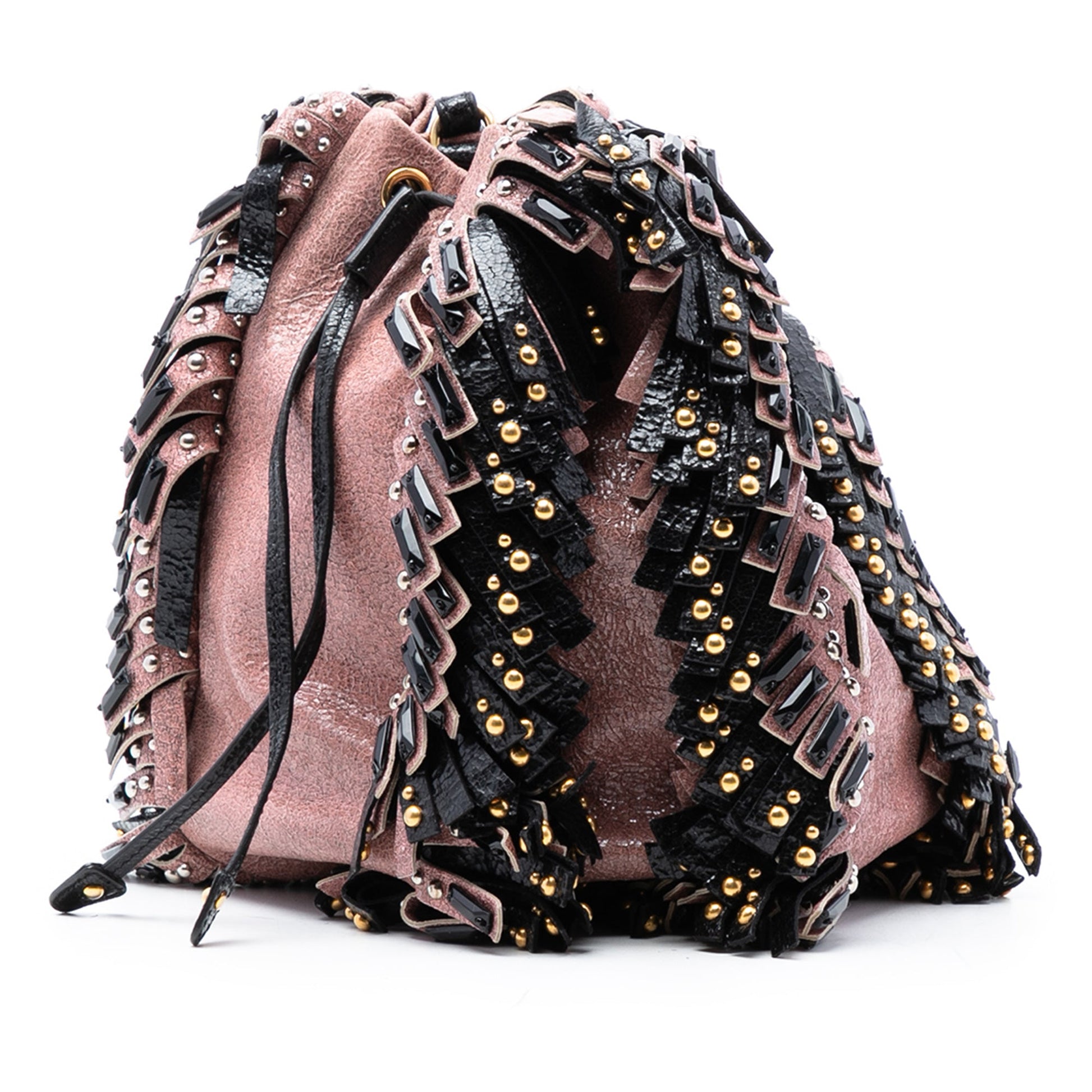 Prada Craquele Leather Embellished Fringe Bucket Bag