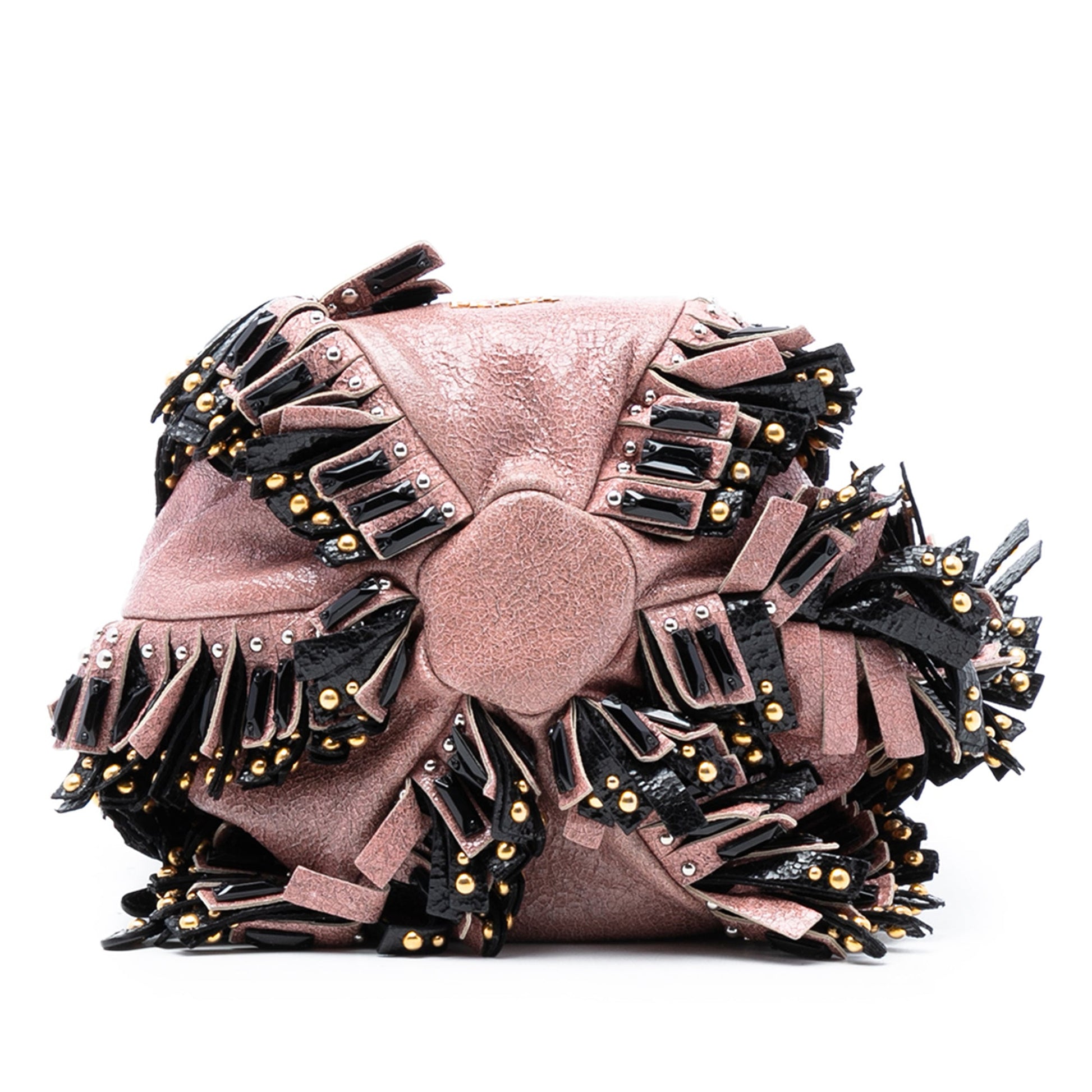 Prada Craquele Leather Embellished Fringe Bucket Bag