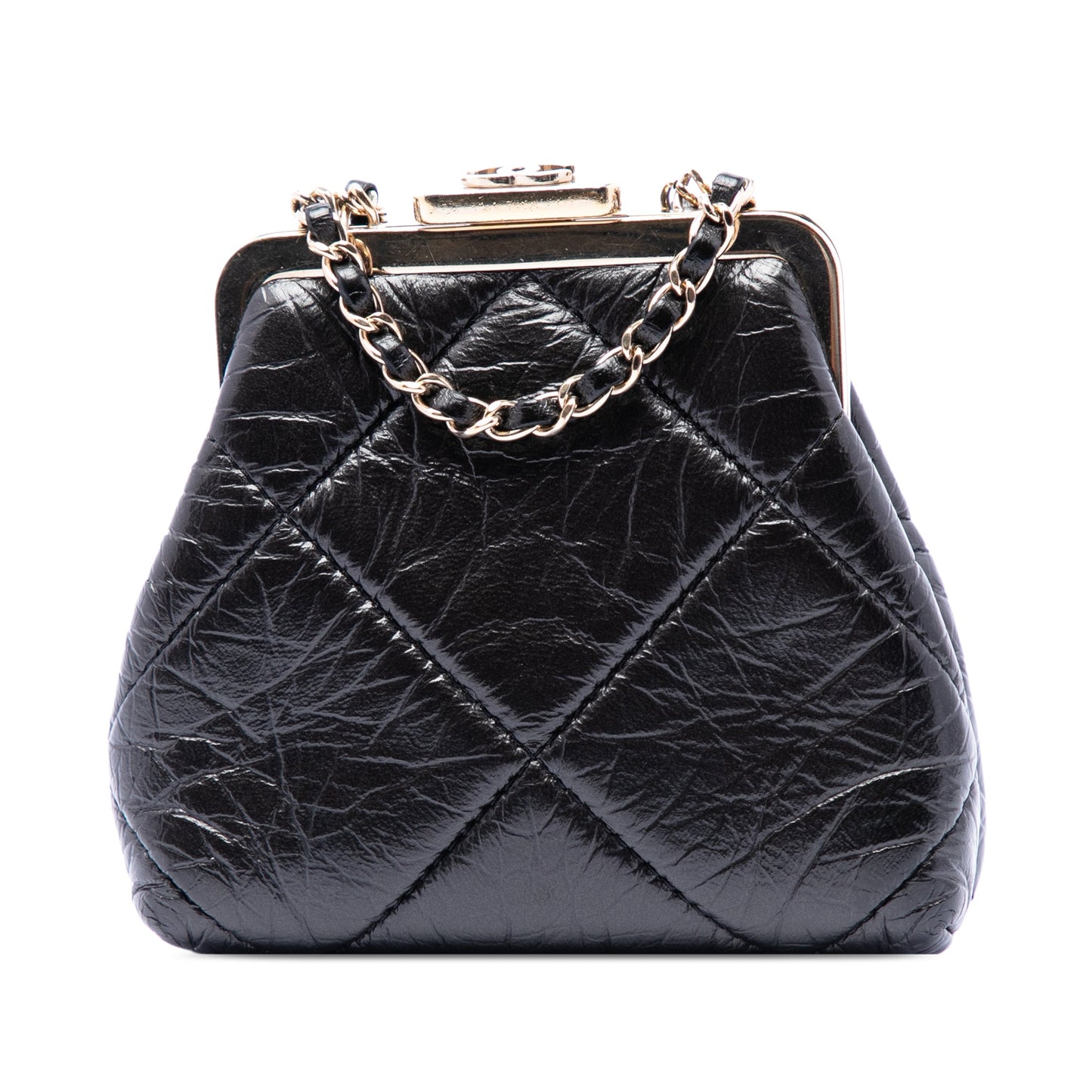 Chanel Quilted Aged Lambskin Kiss Lock Clutch with Chain