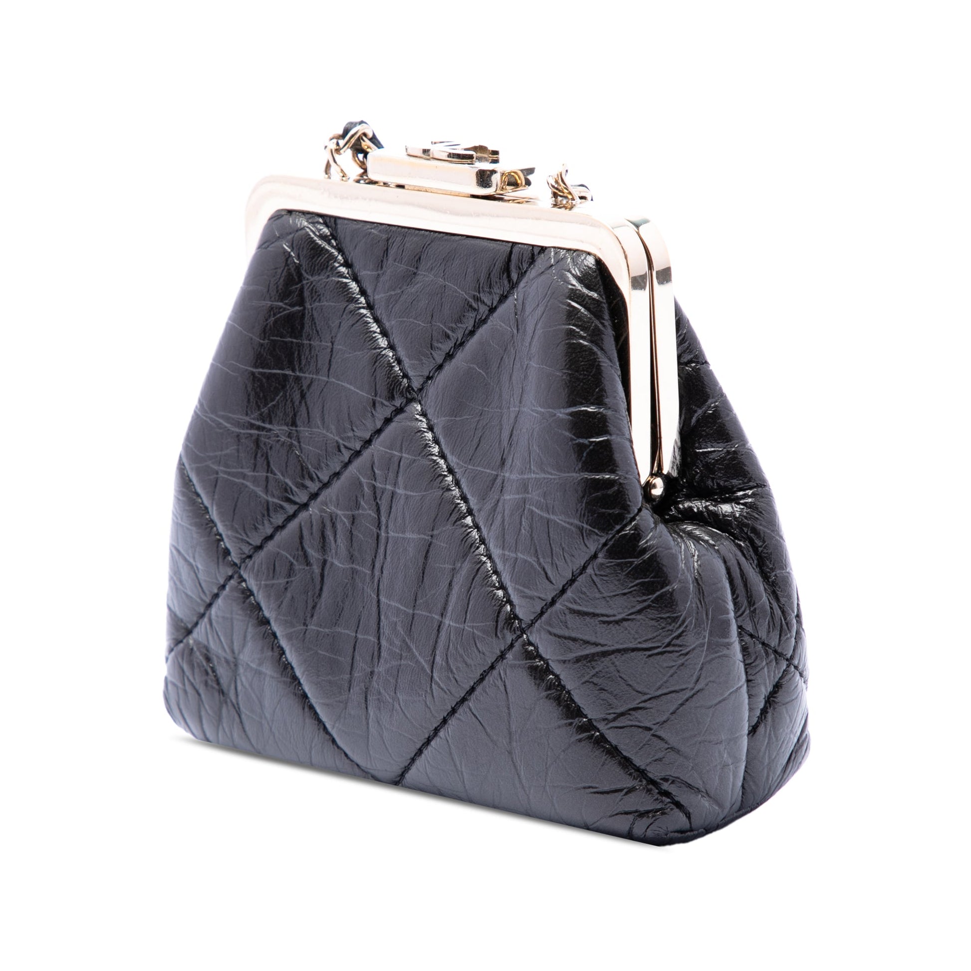 Chanel Quilted Aged Lambskin Kiss Lock Clutch with Chain