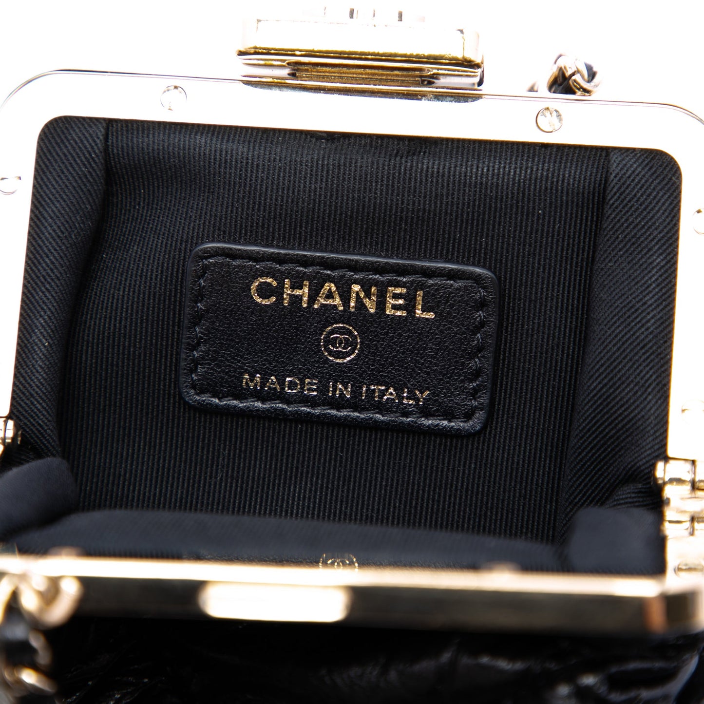Chanel Quilted Aged Lambskin Kiss Lock Clutch with Chain