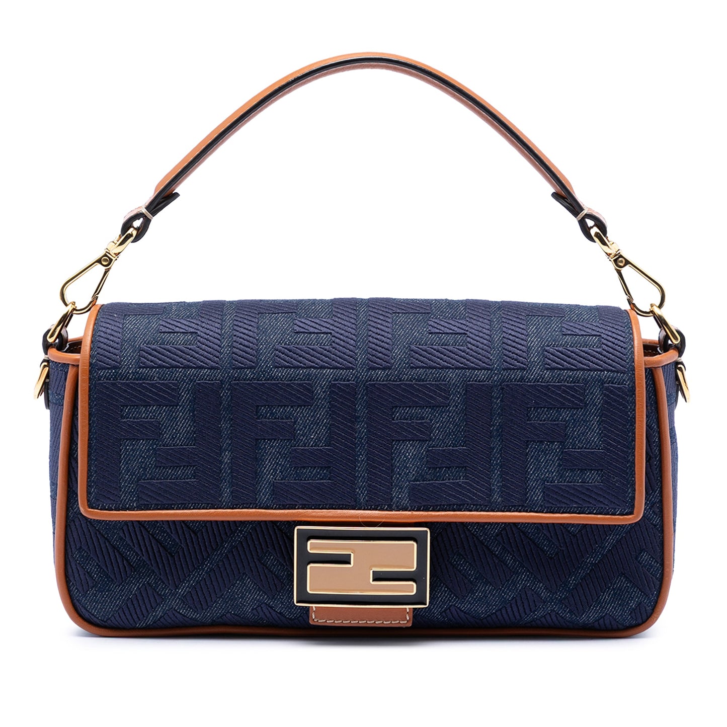 Fendi Zucca Embroidered Denim Baguette Satchel