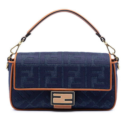 Fendi Zucca Embroidered Denim Baguette Satchel