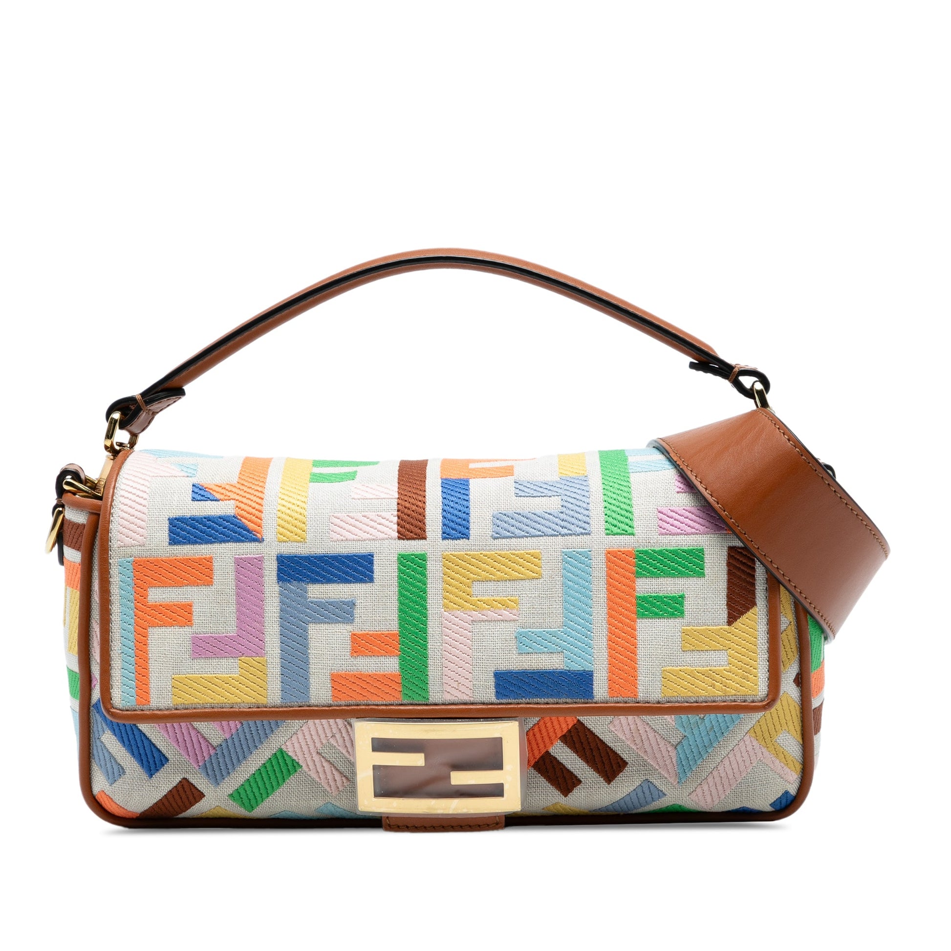 Fendi Zucca Embroidered Canvas Baguette Satchel