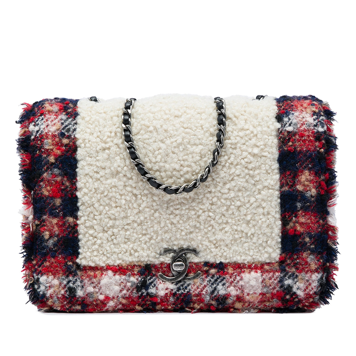 Chanel CC Tweed and Shearling Single Flap — White
