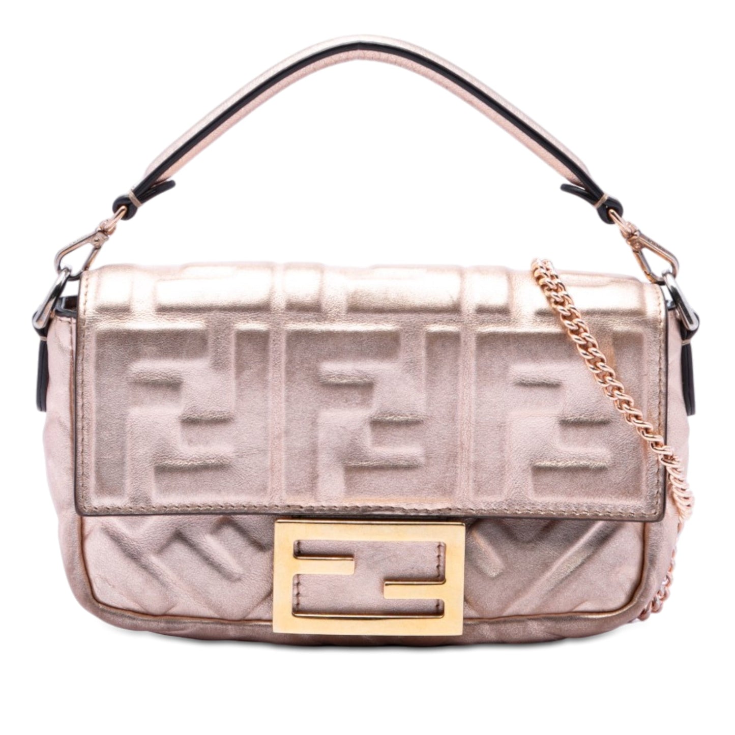 Fendi Mini Zucca Embossed Metallic Leather Baguette Satchel