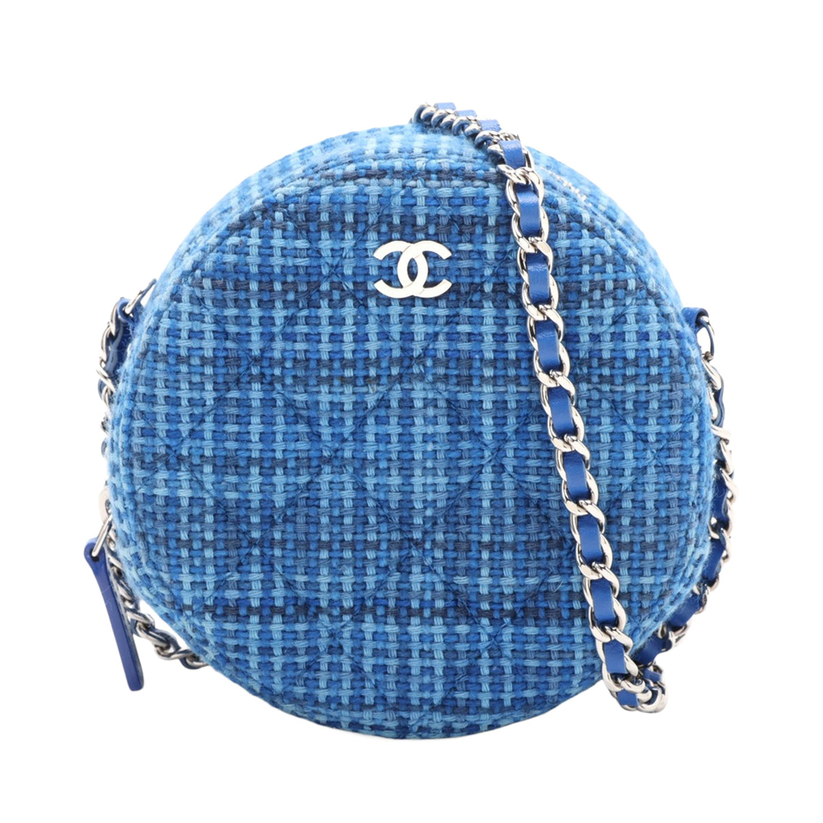 Chanel Quilted Tweed Round Clutch With Chain — Blue