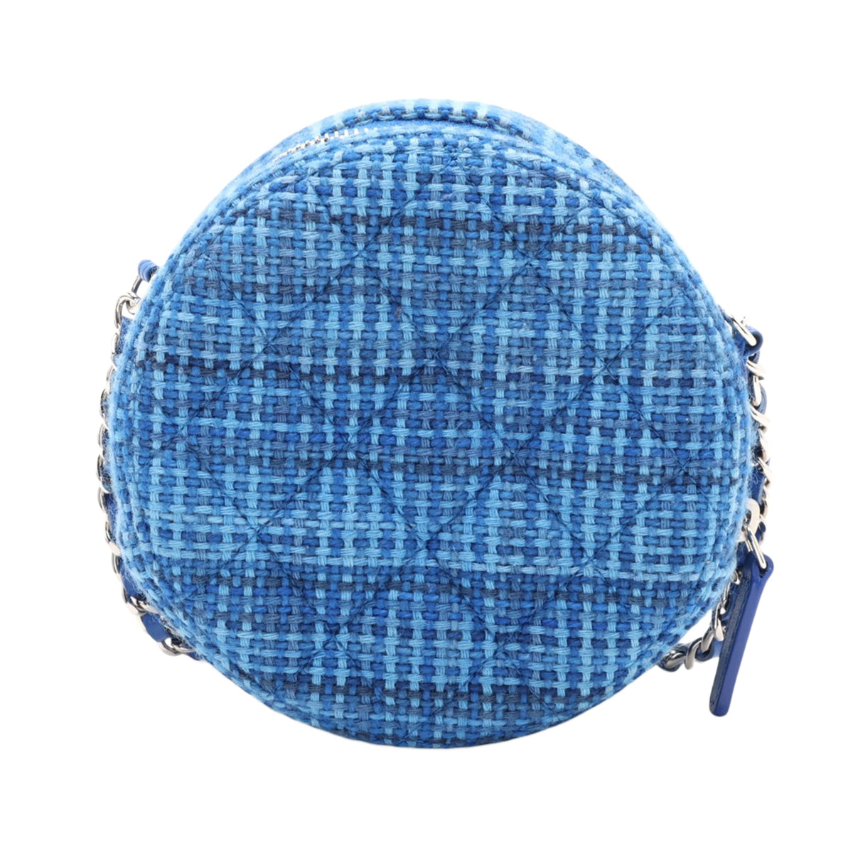 Chanel Quilted Tweed Round Clutch With Chain — Blue