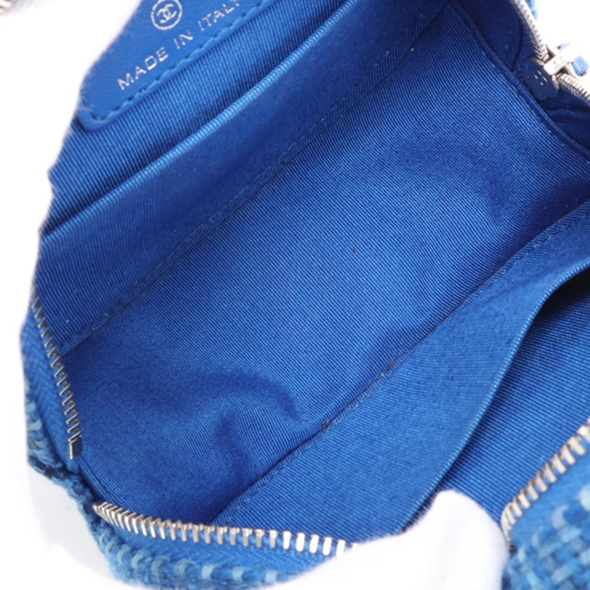 Chanel Quilted Tweed Round Clutch With Chain — Blue