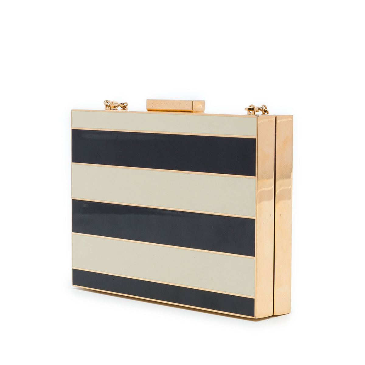 Valentino Striped Enamel and Gold Plated Box Minaudiere Clutch on Chain — Black