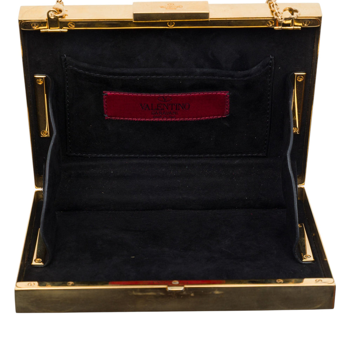 Valentino Striped Enamel and Gold Plated Box Minaudiere Clutch on Chain — Black