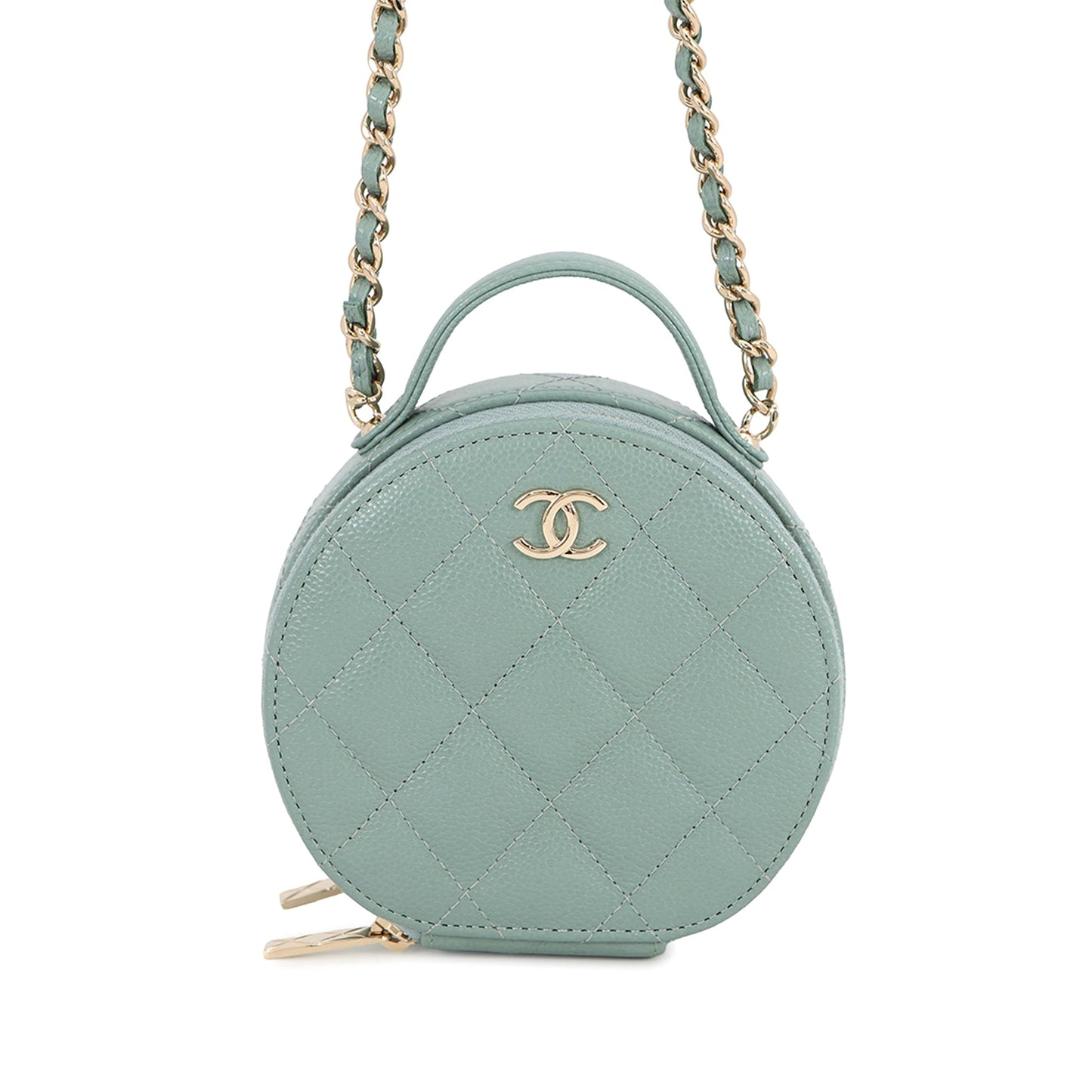Chanel Quilted Caviar Handle With Care Round Vanity Case with Chain