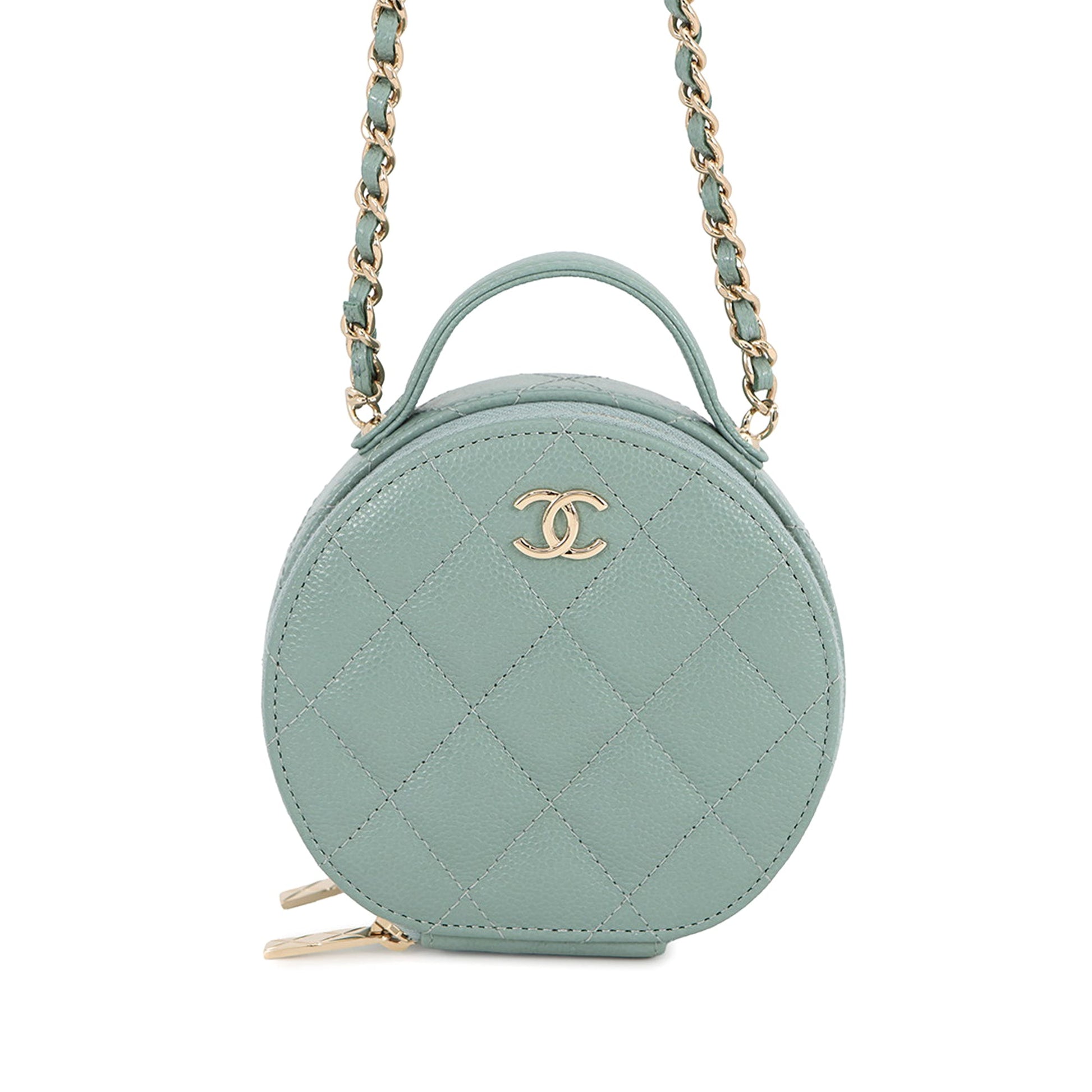 Chanel Quilted Caviar Handle With Care Round Vanity Case with Chain