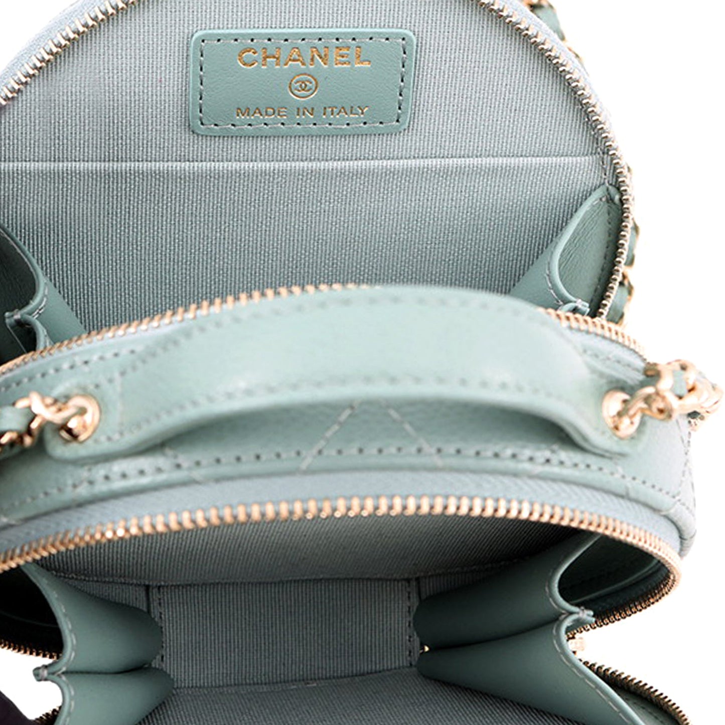 Chanel Quilted Caviar Handle With Care Round Vanity Case with Chain