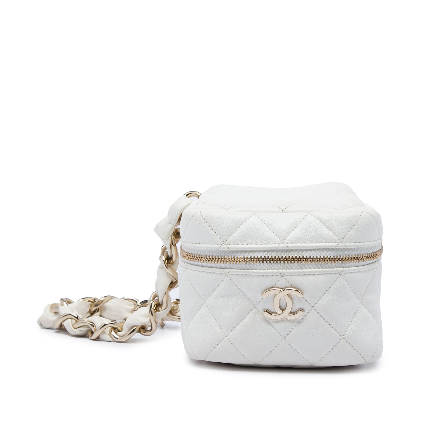 Chanel CC Quilted Lambskin Cube Zip Clutch with Chain