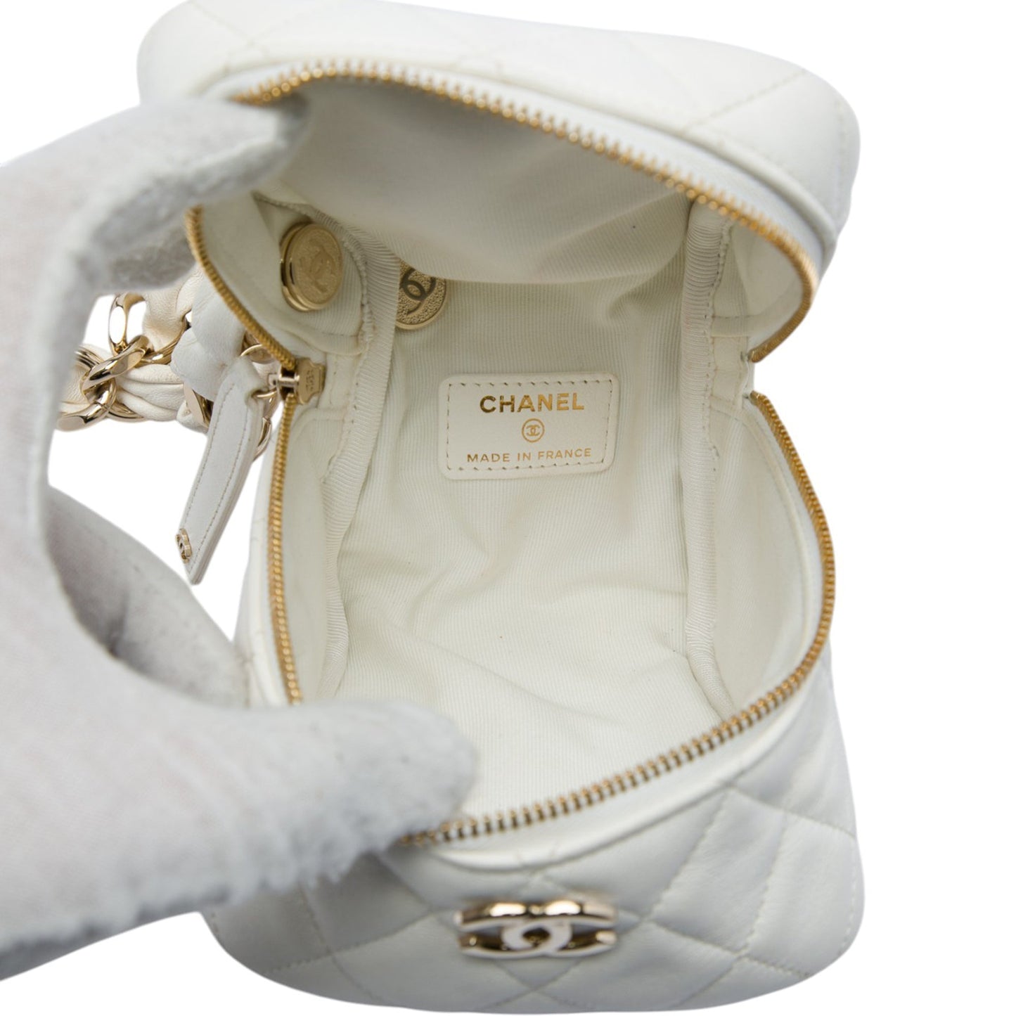 Chanel CC Quilted Lambskin Cube Zip Clutch with Chain