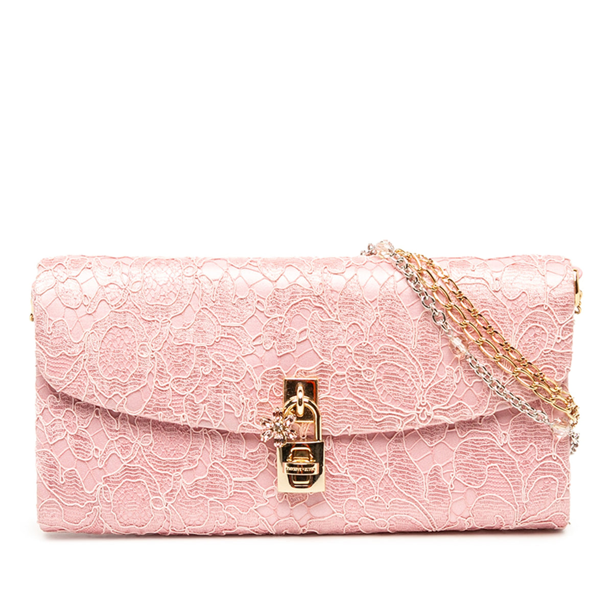 Dolce & Gabbana Satin and Lace Padlock Clutch with Chain — Pink