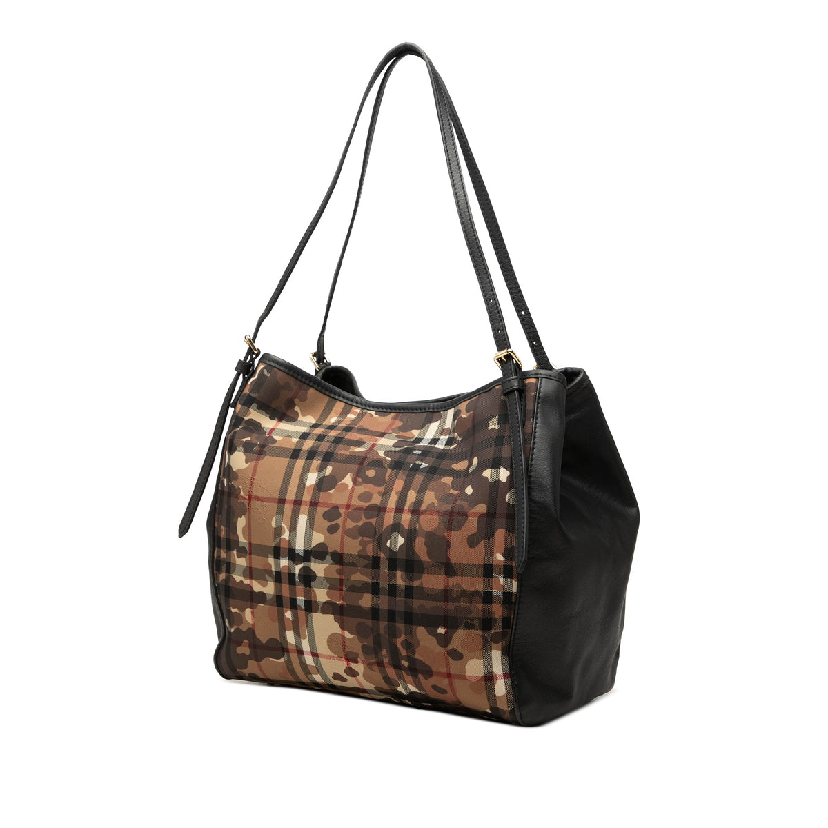 Burberry Small Haymarket Check Canvas and Calfskin Camouflage Canterbury Tote — Black