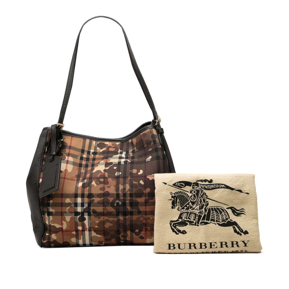 Burberry Small Haymarket Check Canvas and Calfskin Camouflage Canterbury Tote — Black