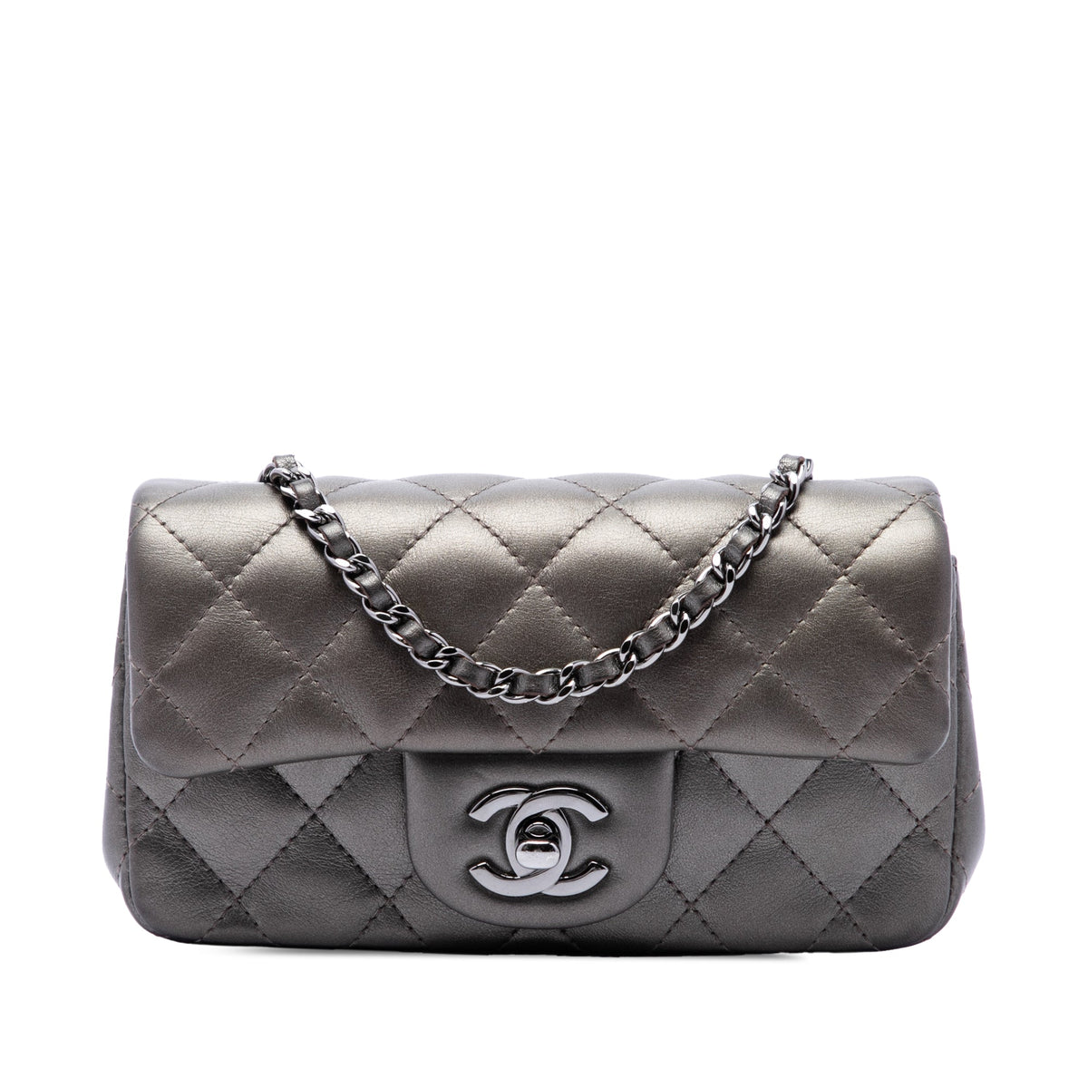 Chanel Extra Mini Rectangular Classic Metallic Lambskin Single Flap — Gray