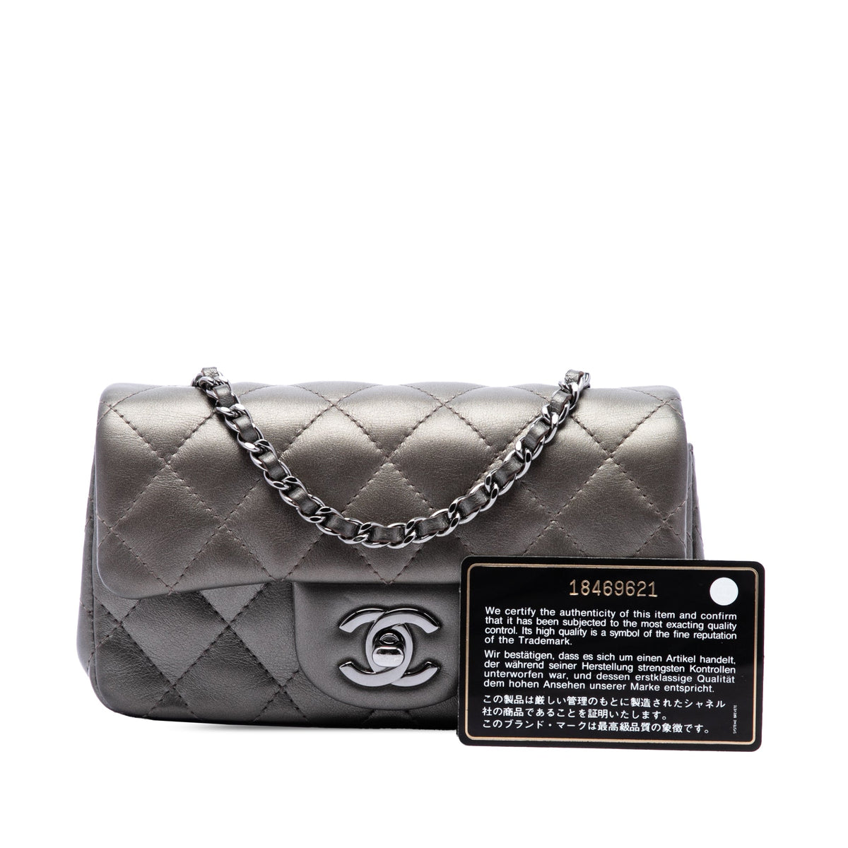 Chanel Extra Mini Rectangular Classic Metallic Lambskin Single Flap — Gray