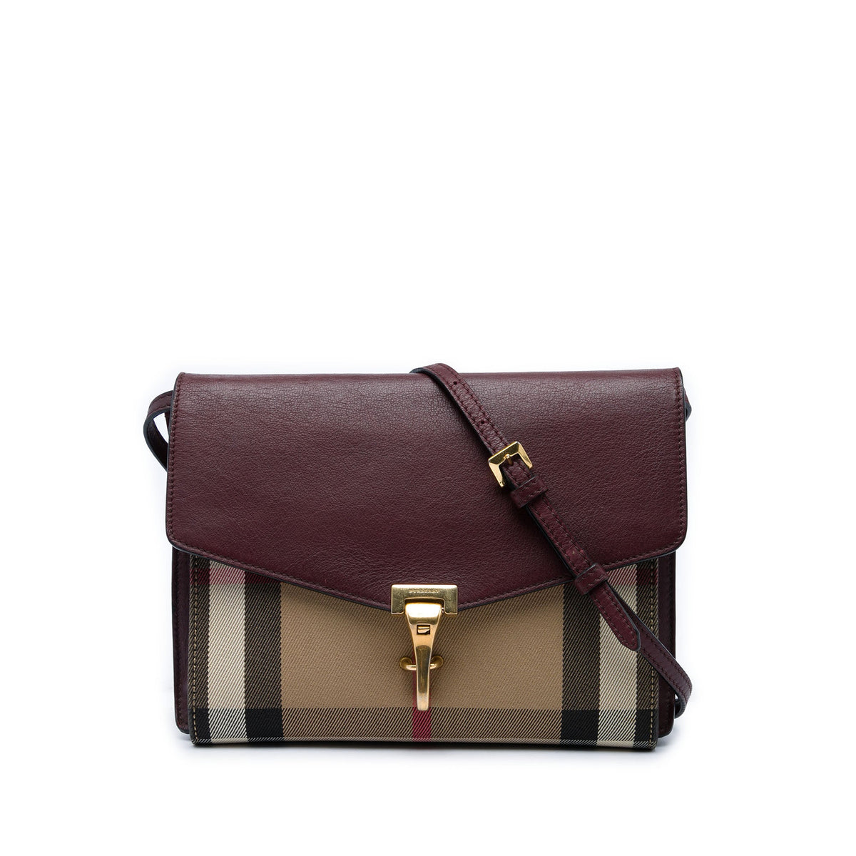 Burberry Small Leather and House Check Canvas Derby Macken Crossbody — Red