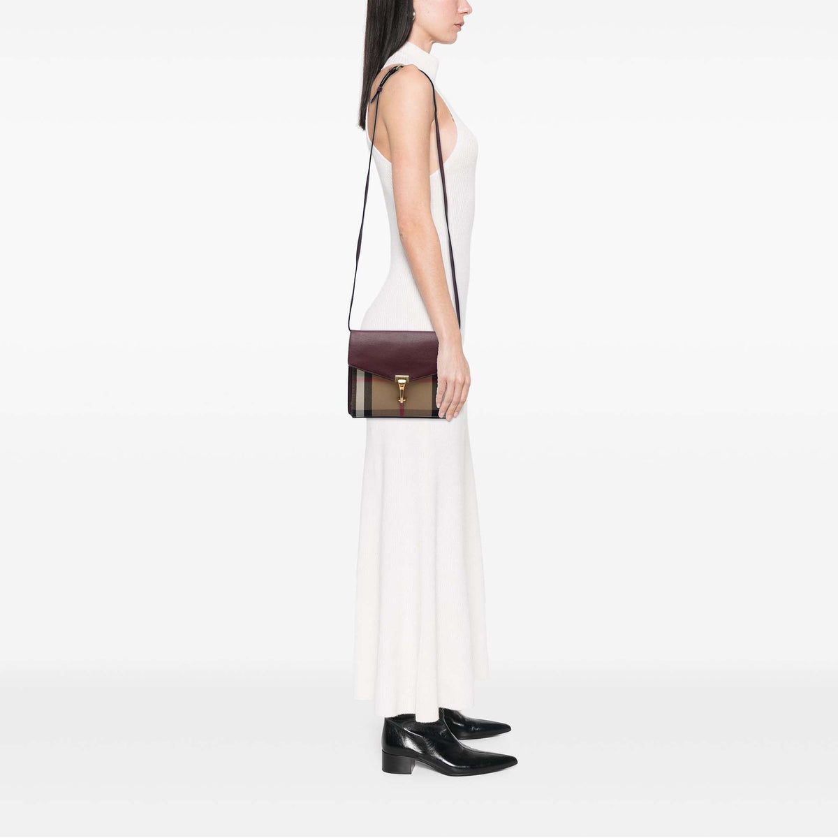 Burberry Small Leather and House Check Canvas Derby Macken Crossbody — Red