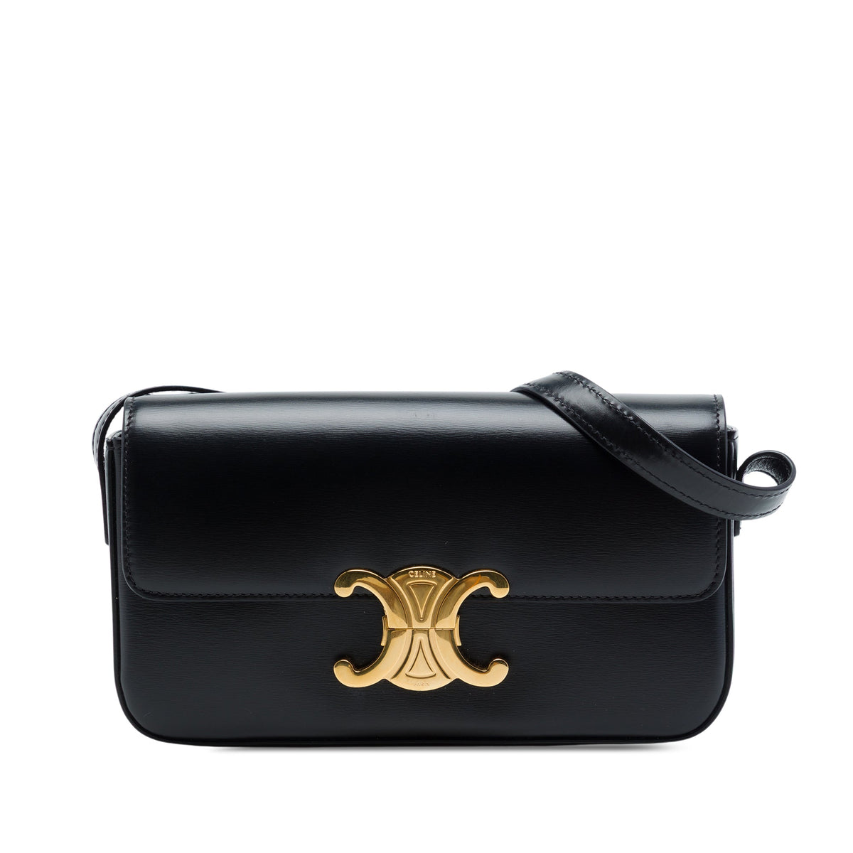 Celine Shiny Calfskin Triomphe Claude Shoulder Bag — Black