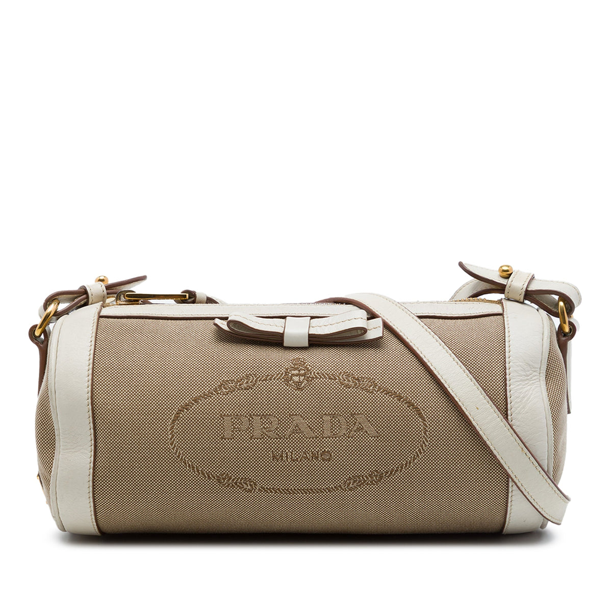 Prada Canvas Canapa Logo Bow Barrel Crossbody — Beige